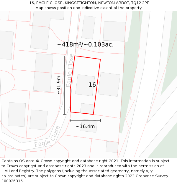16, EAGLE CLOSE, KINGSTEIGNTON, NEWTON ABBOT, TQ12 3PF: Plot and title map
