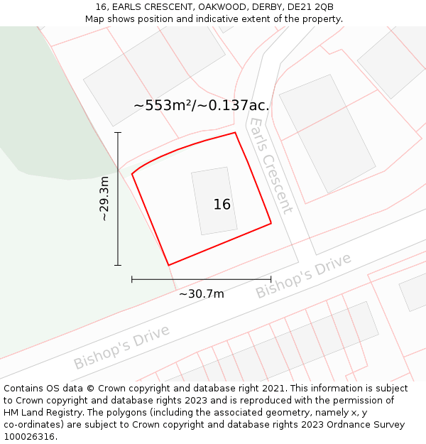 16, EARLS CRESCENT, OAKWOOD, DERBY, DE21 2QB: Plot and title map