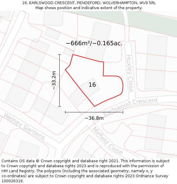 16, EARLSWOOD CRESCENT, PENDEFORD, WOLVERHAMPTON, WV9 5RL: Plot and title map