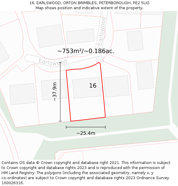16, EARLSWOOD, ORTON BRIMBLES, PETERBOROUGH, PE2 5UG: Plot and title map
