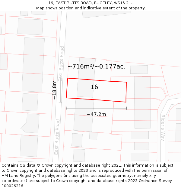 16, EAST BUTTS ROAD, RUGELEY, WS15 2LU: Plot and title map