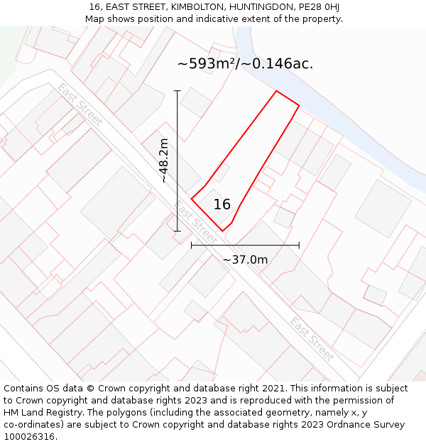 16, EAST STREET, KIMBOLTON, HUNTINGDON, PE28 0HJ: Plot and title map