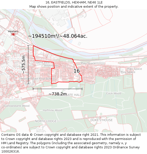 16, EASTFIELDS, HEXHAM, NE46 1LE: Plot and title map