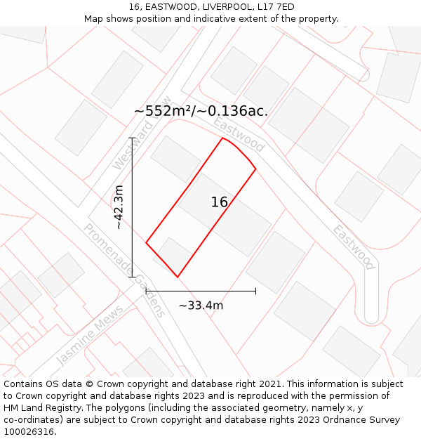 16, EASTWOOD, LIVERPOOL, L17 7ED: Plot and title map