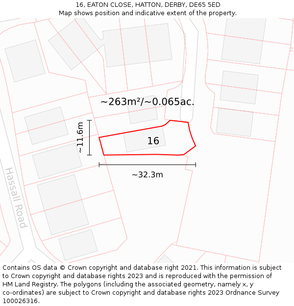 16, EATON CLOSE, HATTON, DERBY, DE65 5ED: Plot and title map