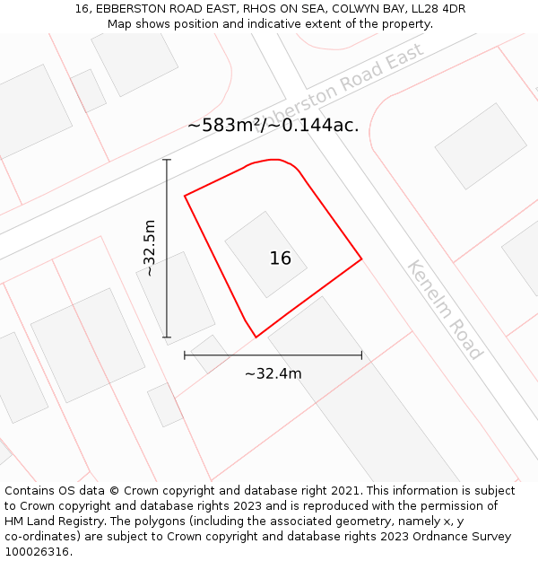 16, EBBERSTON ROAD EAST, RHOS ON SEA, COLWYN BAY, LL28 4DR: Plot and title map