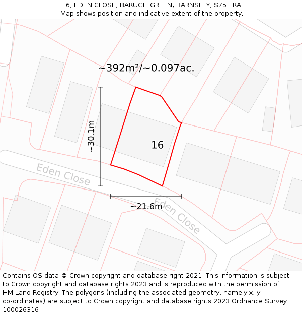 16, EDEN CLOSE, BARUGH GREEN, BARNSLEY, S75 1RA: Plot and title map