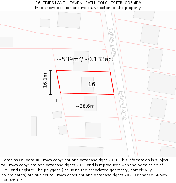 16, EDIES LANE, LEAVENHEATH, COLCHESTER, CO6 4PA: Plot and title map