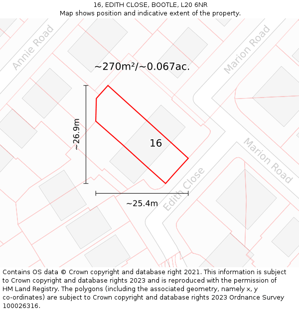 16, EDITH CLOSE, BOOTLE, L20 6NR: Plot and title map