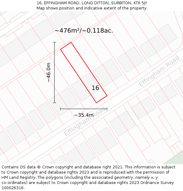 16, EFFINGHAM ROAD, LONG DITTON, SURBITON, KT6 5JY: Plot and title map