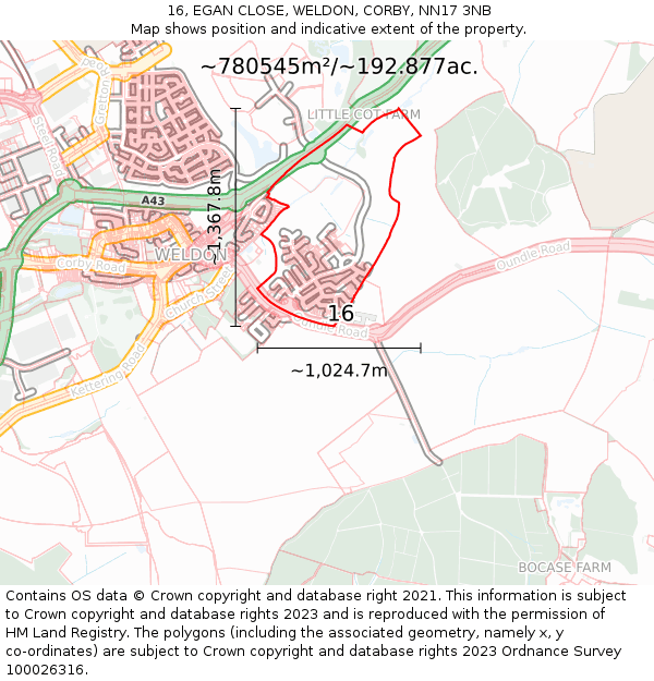 16, EGAN CLOSE, WELDON, CORBY, NN17 3NB: Plot and title map