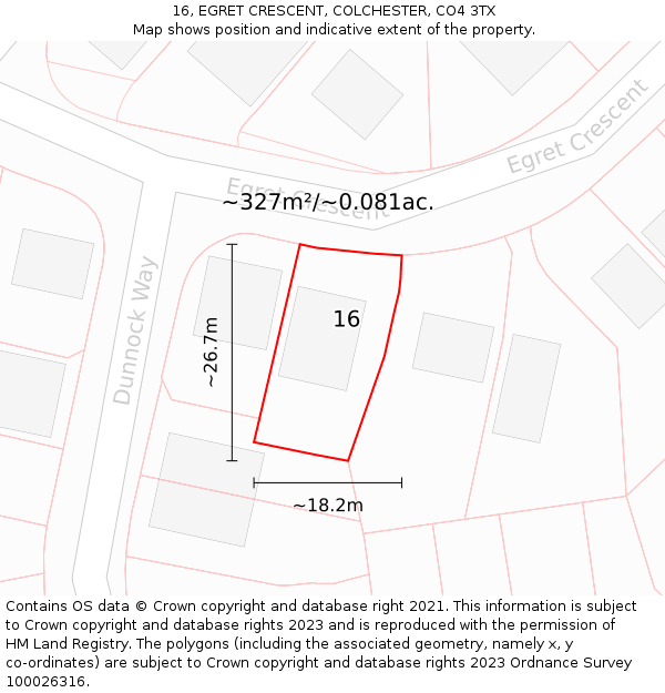 16, EGRET CRESCENT, COLCHESTER, CO4 3TX: Plot and title map
