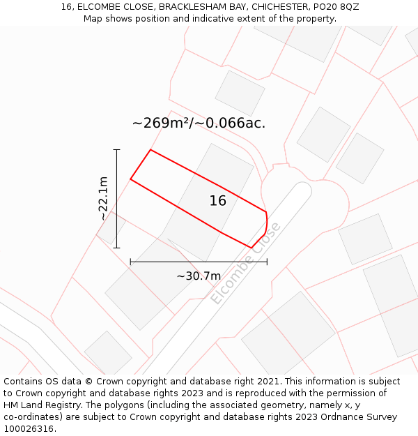 16, ELCOMBE CLOSE, BRACKLESHAM BAY, CHICHESTER, PO20 8QZ: Plot and title map