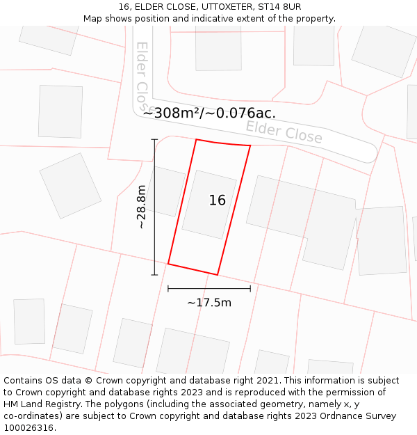 16, ELDER CLOSE, UTTOXETER, ST14 8UR: Plot and title map