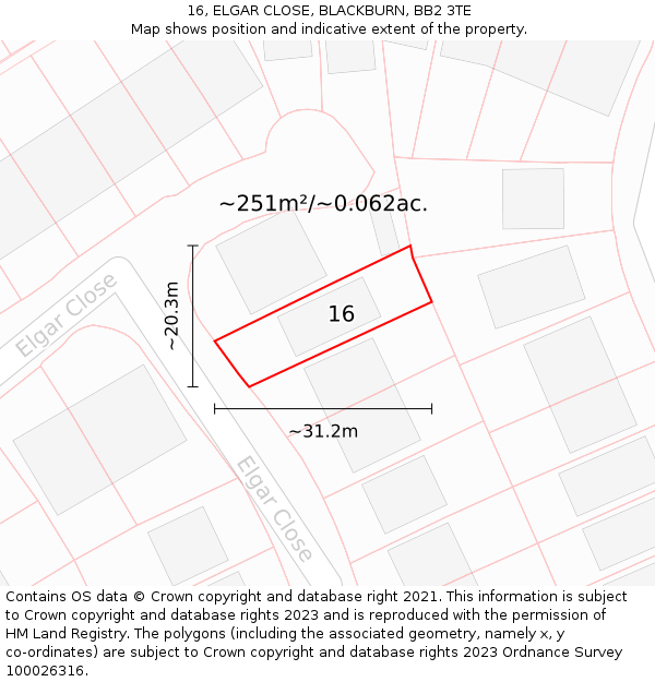 16, ELGAR CLOSE, BLACKBURN, BB2 3TE: Plot and title map