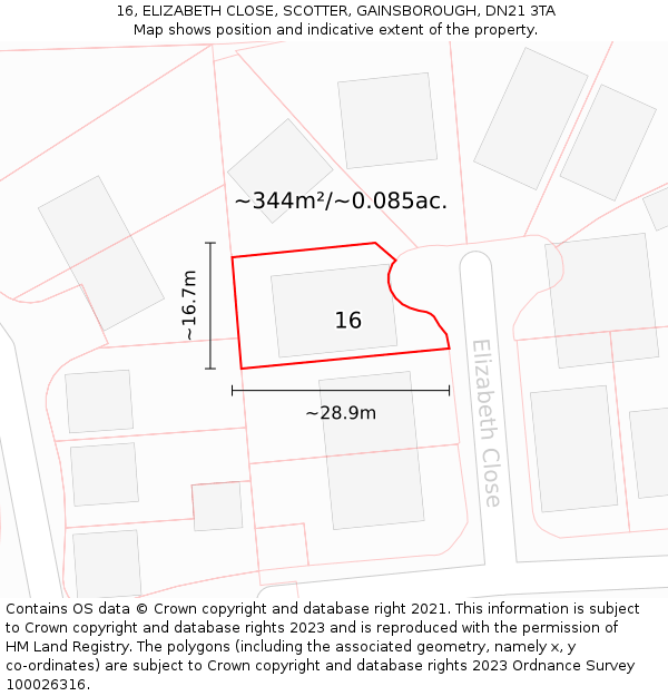 16, ELIZABETH CLOSE, SCOTTER, GAINSBOROUGH, DN21 3TA: Plot and title map