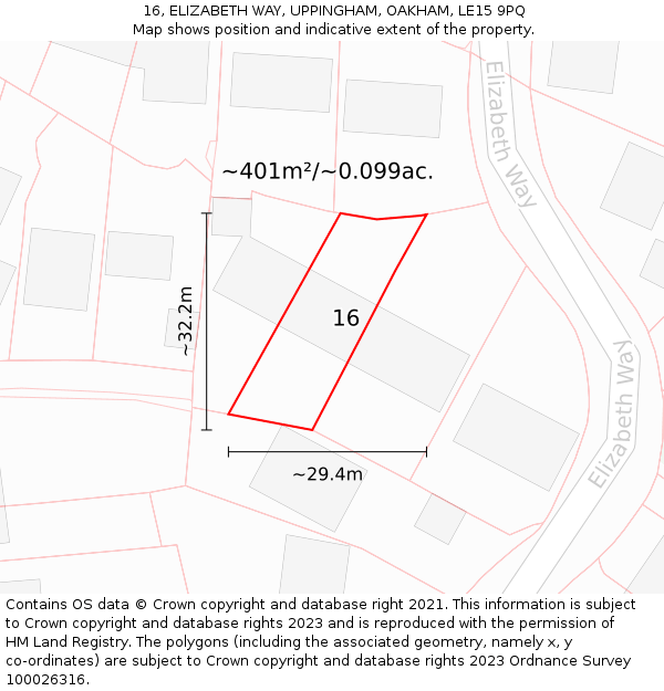 16, ELIZABETH WAY, UPPINGHAM, OAKHAM, LE15 9PQ: Plot and title map