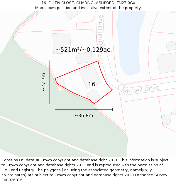16, ELLEN CLOSE, CHARING, ASHFORD, TN27 0GX: Plot and title map