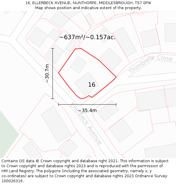16, ELLERBECK AVENUE, NUNTHORPE, MIDDLESBROUGH, TS7 0PW: Plot and title map