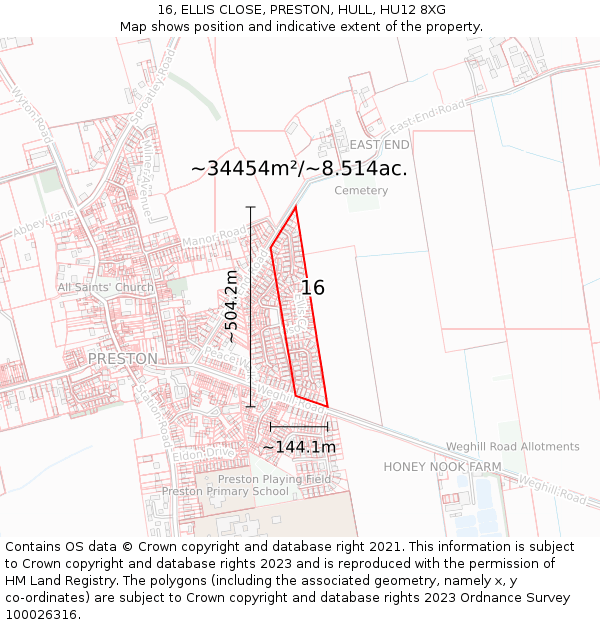 16, ELLIS CLOSE, PRESTON, HULL, HU12 8XG: Plot and title map