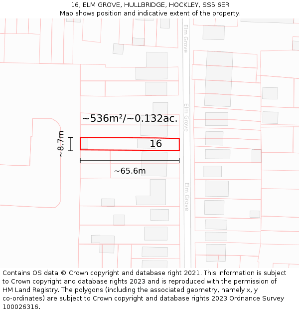 16, ELM GROVE, HULLBRIDGE, HOCKLEY, SS5 6ER: Plot and title map