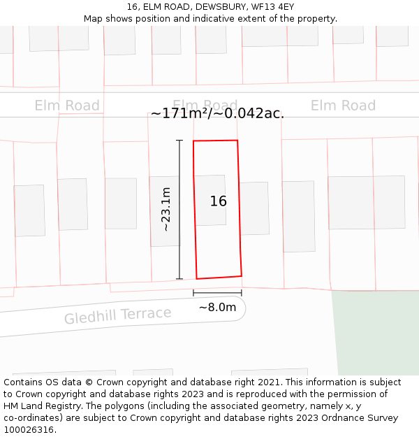 16, ELM ROAD, DEWSBURY, WF13 4EY: Plot and title map