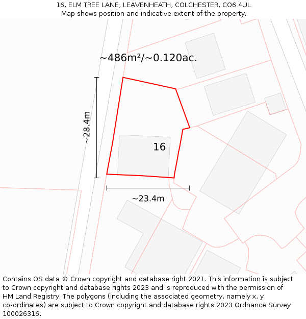 16, ELM TREE LANE, LEAVENHEATH, COLCHESTER, CO6 4UL: Plot and title map