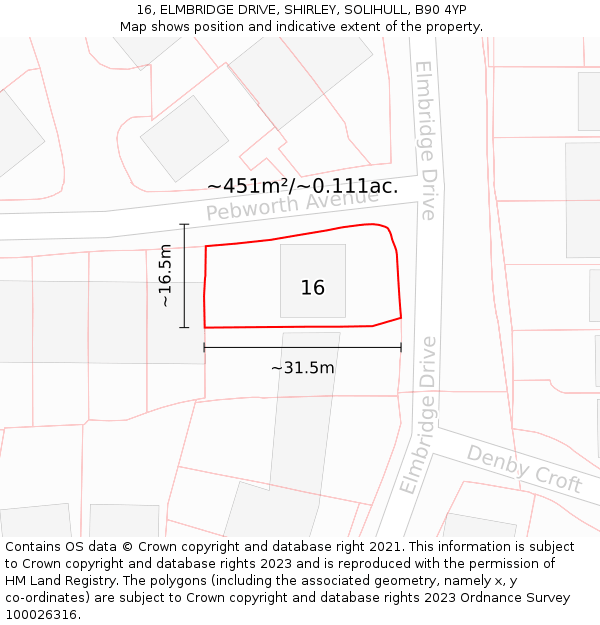 16, ELMBRIDGE DRIVE, SHIRLEY, SOLIHULL, B90 4YP: Plot and title map