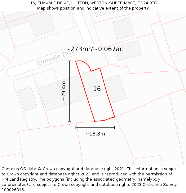 16, ELMVALE DRIVE, HUTTON, WESTON-SUPER-MARE, BS24 9TG: Plot and title map