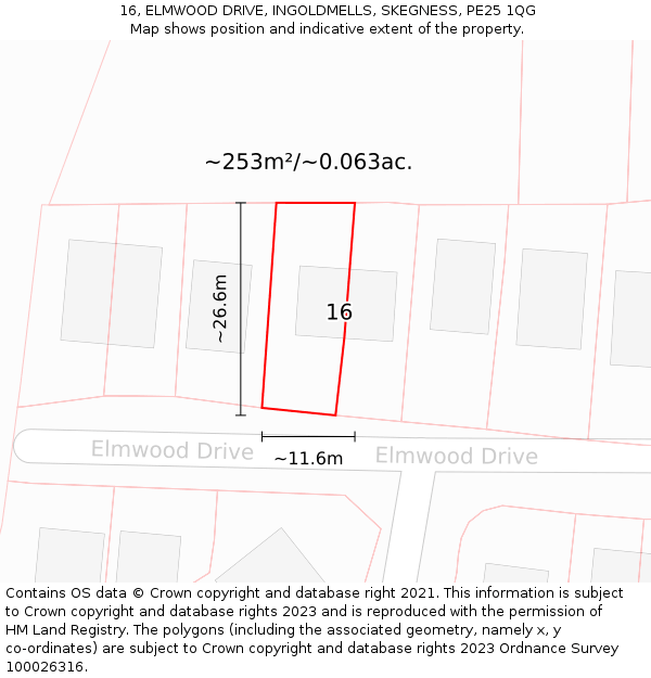 16, ELMWOOD DRIVE, INGOLDMELLS, SKEGNESS, PE25 1QG: Plot and title map