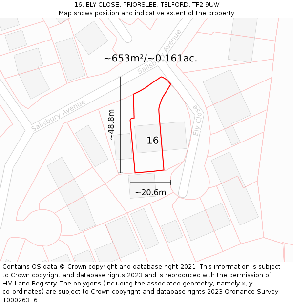16, ELY CLOSE, PRIORSLEE, TELFORD, TF2 9UW: Plot and title map