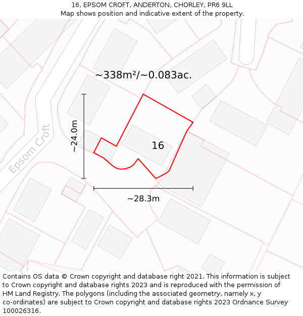 16, EPSOM CROFT, ANDERTON, CHORLEY, PR6 9LL: Plot and title map