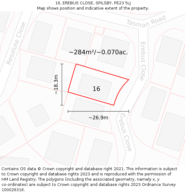 16, EREBUS CLOSE, SPILSBY, PE23 5LJ: Plot and title map
