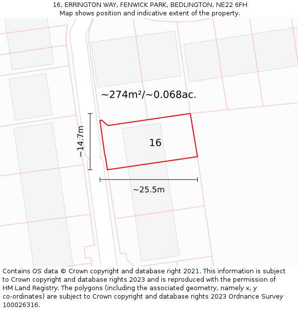 16, ERRINGTON WAY, FENWICK PARK, BEDLINGTON, NE22 6FH: Plot and title map