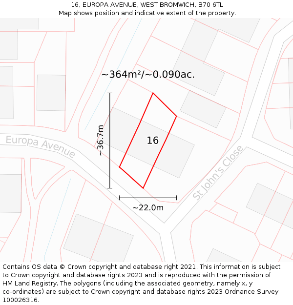 16, EUROPA AVENUE, WEST BROMWICH, B70 6TL: Plot and title map