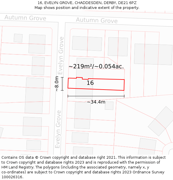 16, EVELYN GROVE, CHADDESDEN, DERBY, DE21 6PZ: Plot and title map