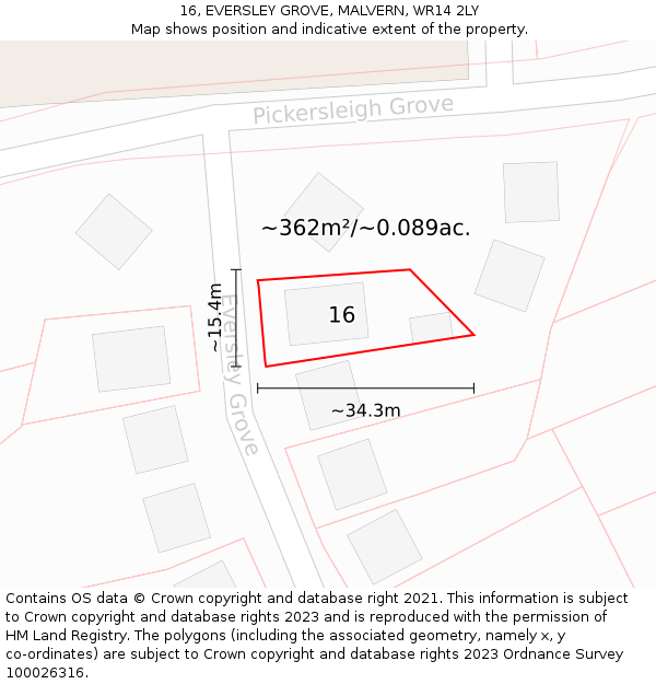 16, EVERSLEY GROVE, MALVERN, WR14 2LY: Plot and title map