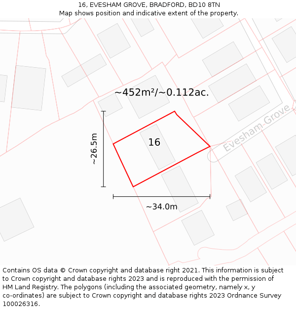 16, EVESHAM GROVE, BRADFORD, BD10 8TN: Plot and title map