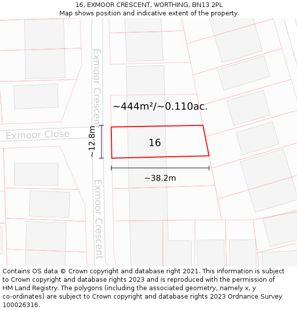 16, EXMOOR CRESCENT, WORTHING, BN13 2PL: Plot and title map