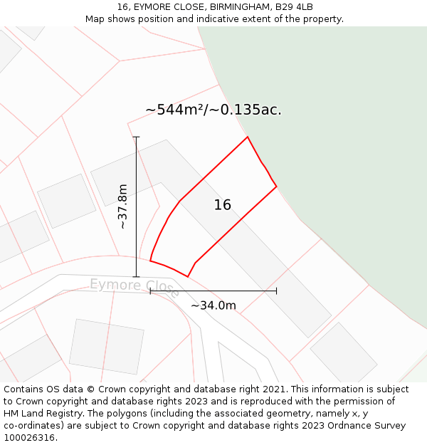 16, EYMORE CLOSE, BIRMINGHAM, B29 4LB: Plot and title map