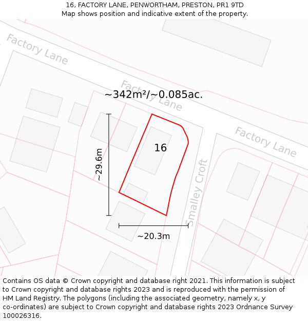 16, FACTORY LANE, PENWORTHAM, PRESTON, PR1 9TD: Plot and title map