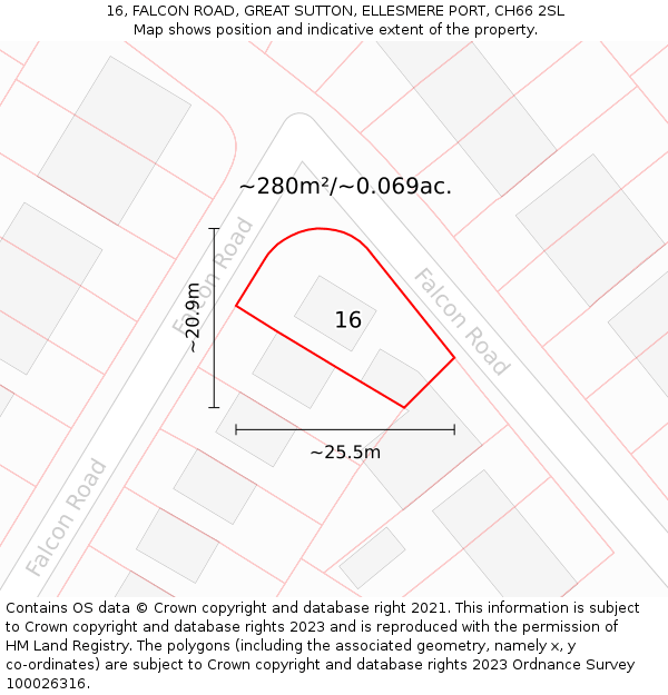 16, FALCON ROAD, GREAT SUTTON, ELLESMERE PORT, CH66 2SL: Plot and title map