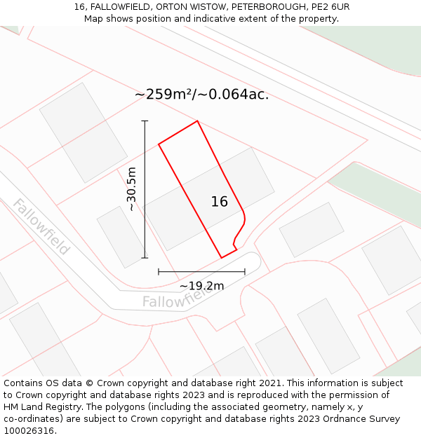 16, FALLOWFIELD, ORTON WISTOW, PETERBOROUGH, PE2 6UR: Plot and title map