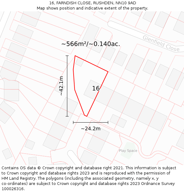 16, FARNDISH CLOSE, RUSHDEN, NN10 9AD: Plot and title map