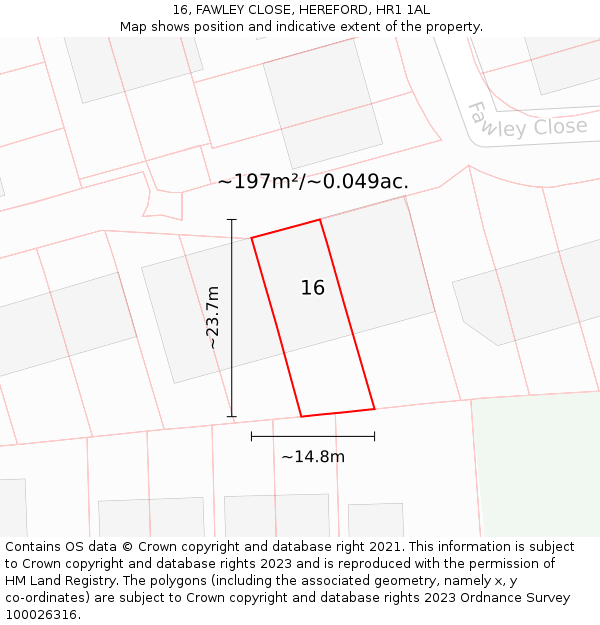 16, FAWLEY CLOSE, HEREFORD, HR1 1AL: Plot and title map
