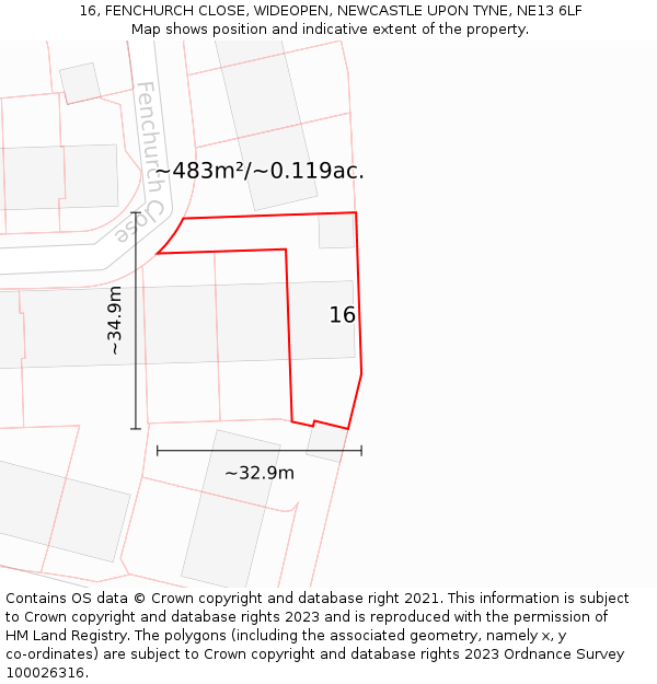 16, FENCHURCH CLOSE, WIDEOPEN, NEWCASTLE UPON TYNE, NE13 6LF: Plot and title map