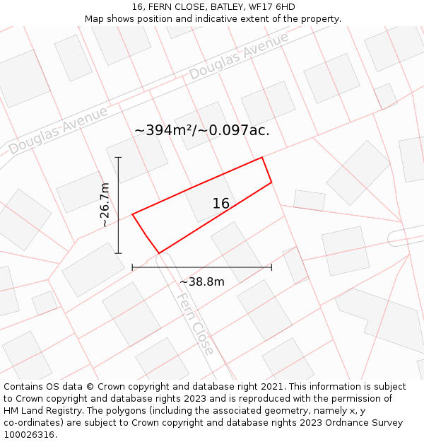 16, FERN CLOSE, BATLEY, WF17 6HD: Plot and title map