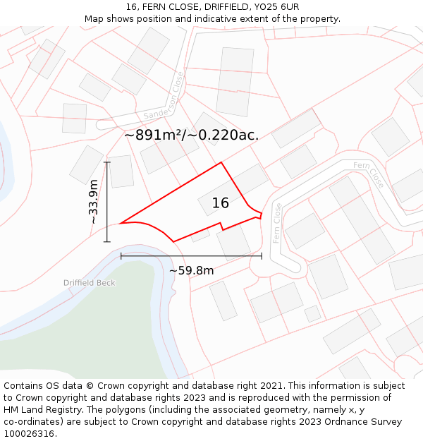 16, FERN CLOSE, DRIFFIELD, YO25 6UR: Plot and title map
