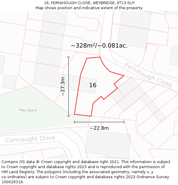 16, FERNIHOUGH CLOSE, WEYBRIDGE, KT13 0UY: Plot and title map
