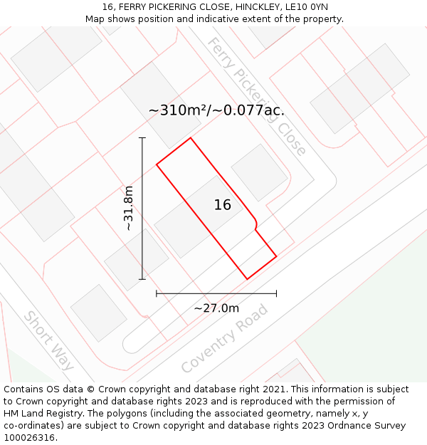 16, FERRY PICKERING CLOSE, HINCKLEY, LE10 0YN: Plot and title map